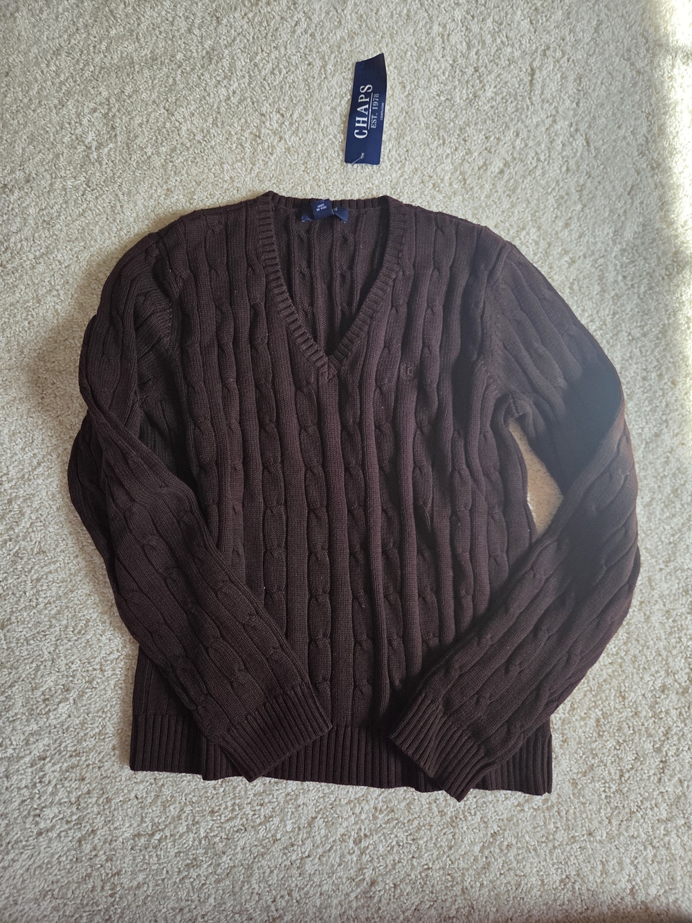 Chaps Men’s Cable Knit V-Neck Sweater - Dark Brown